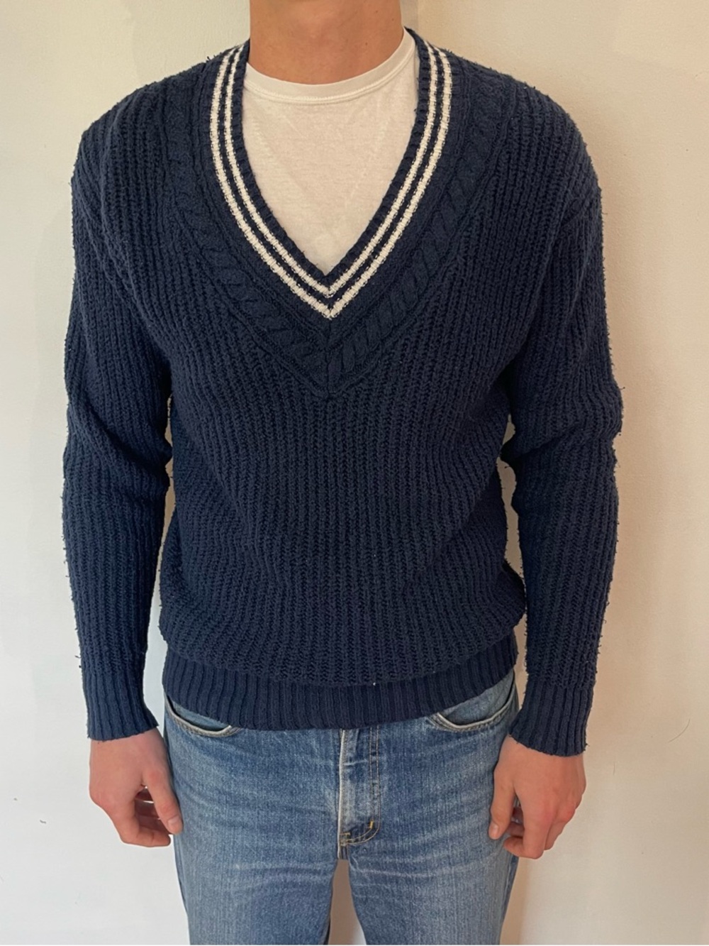 American Eagle Outfitters Navy V-Neck Cable Sweater with White Stripe